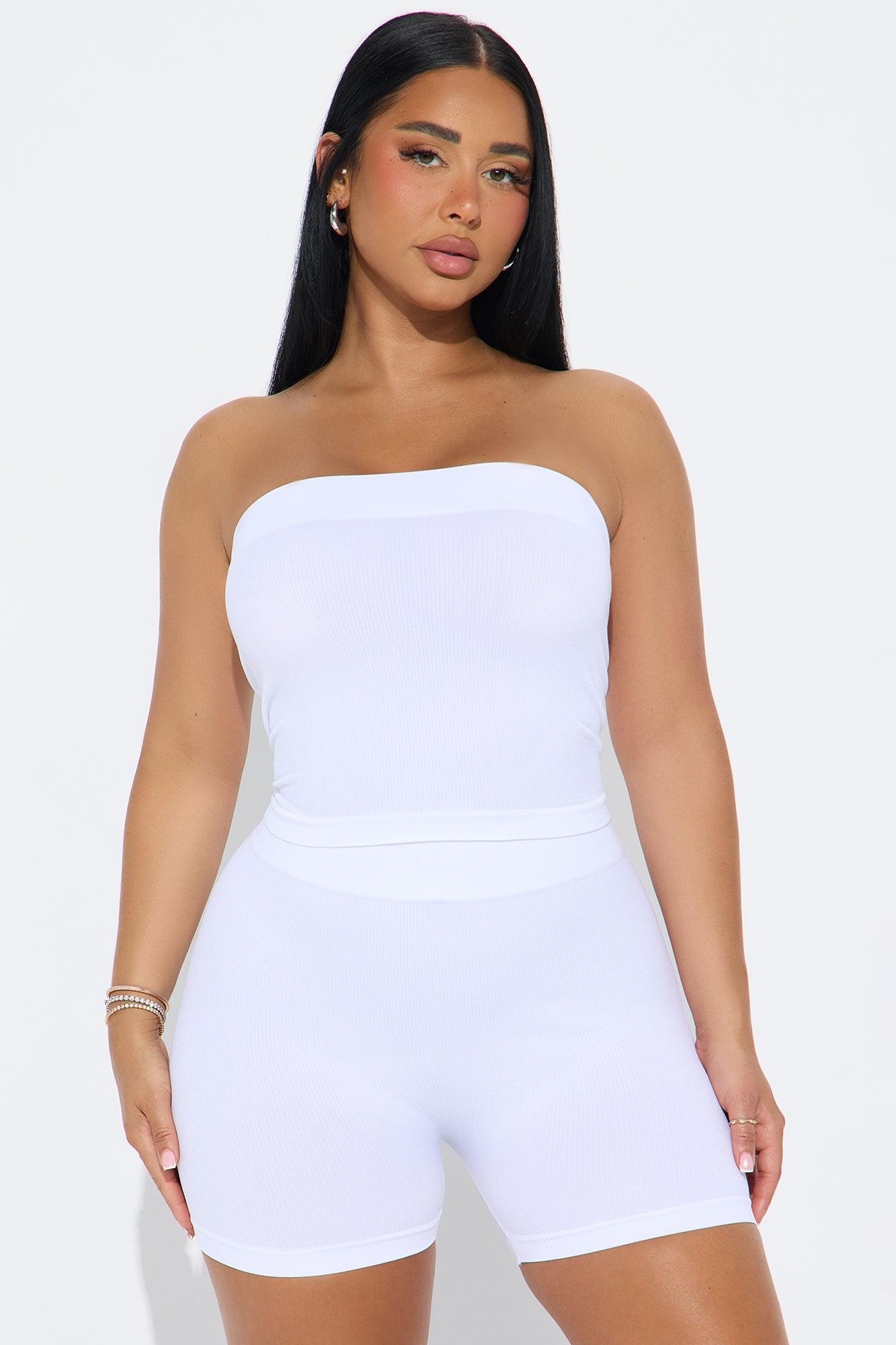 Off Duty Seamless Tube Top Biker Short Set - White Product Image