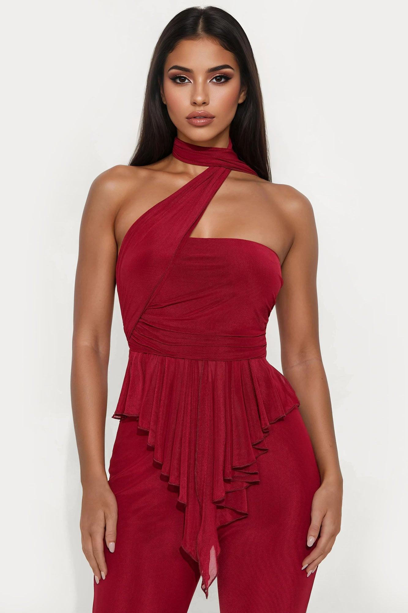 The Roxy Mesh Halter Pant Set - Wine Female Product Image