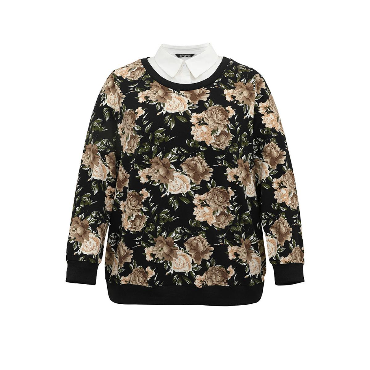 Plus Size 2-In-1 Floral Print Shirt Collar Sweatshirt Women BlackFlower Elegant Printed Shirt collar Dailywear Sweatshirts BloomChic 14-16/1X Product Image