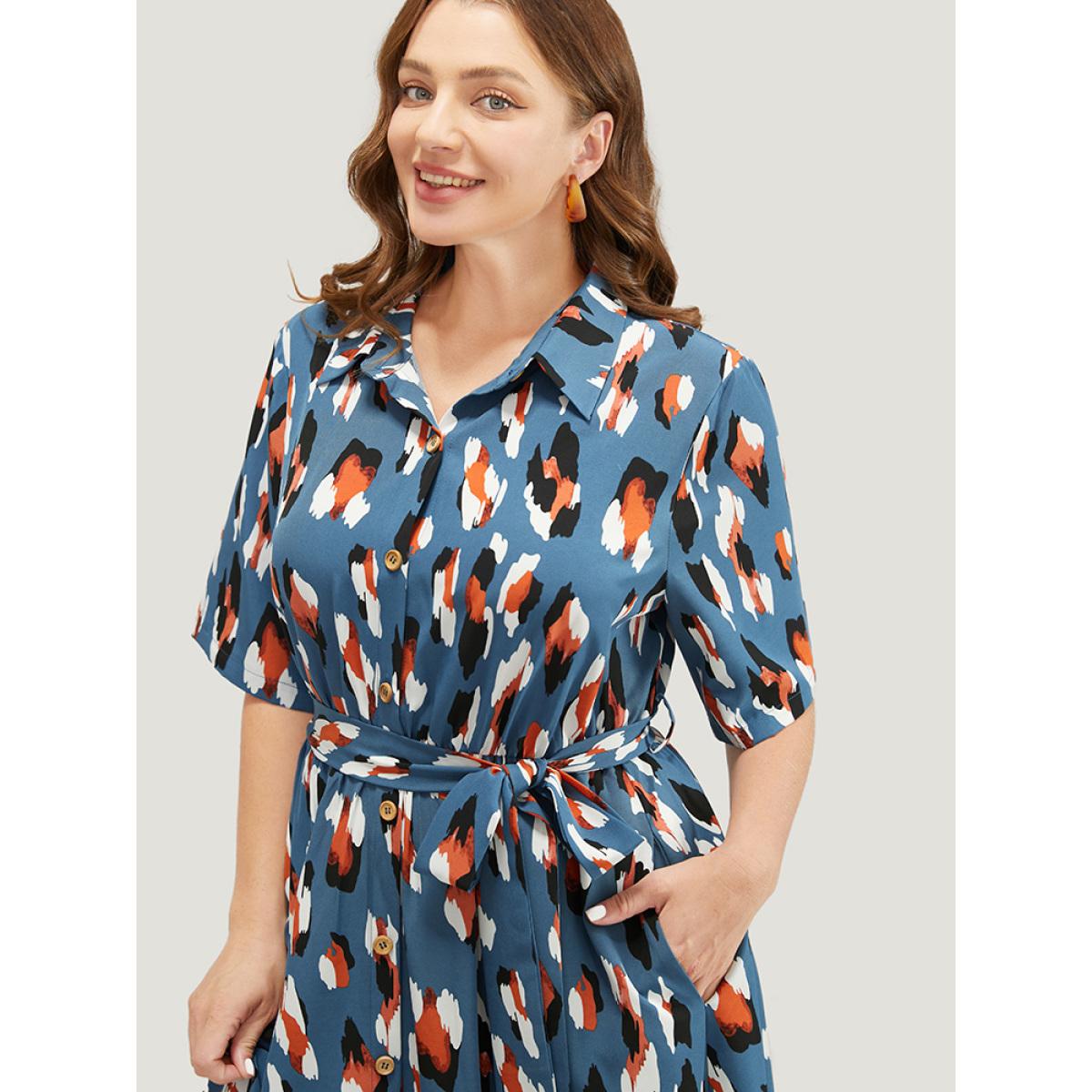 Plus Size Allover Print Button Detail Pocket Belted Arc Hem Dress Stone Women Office Cross straps Shirt collar Short sleeve Curvy Midi Dress BloomChic 10/M Product Image