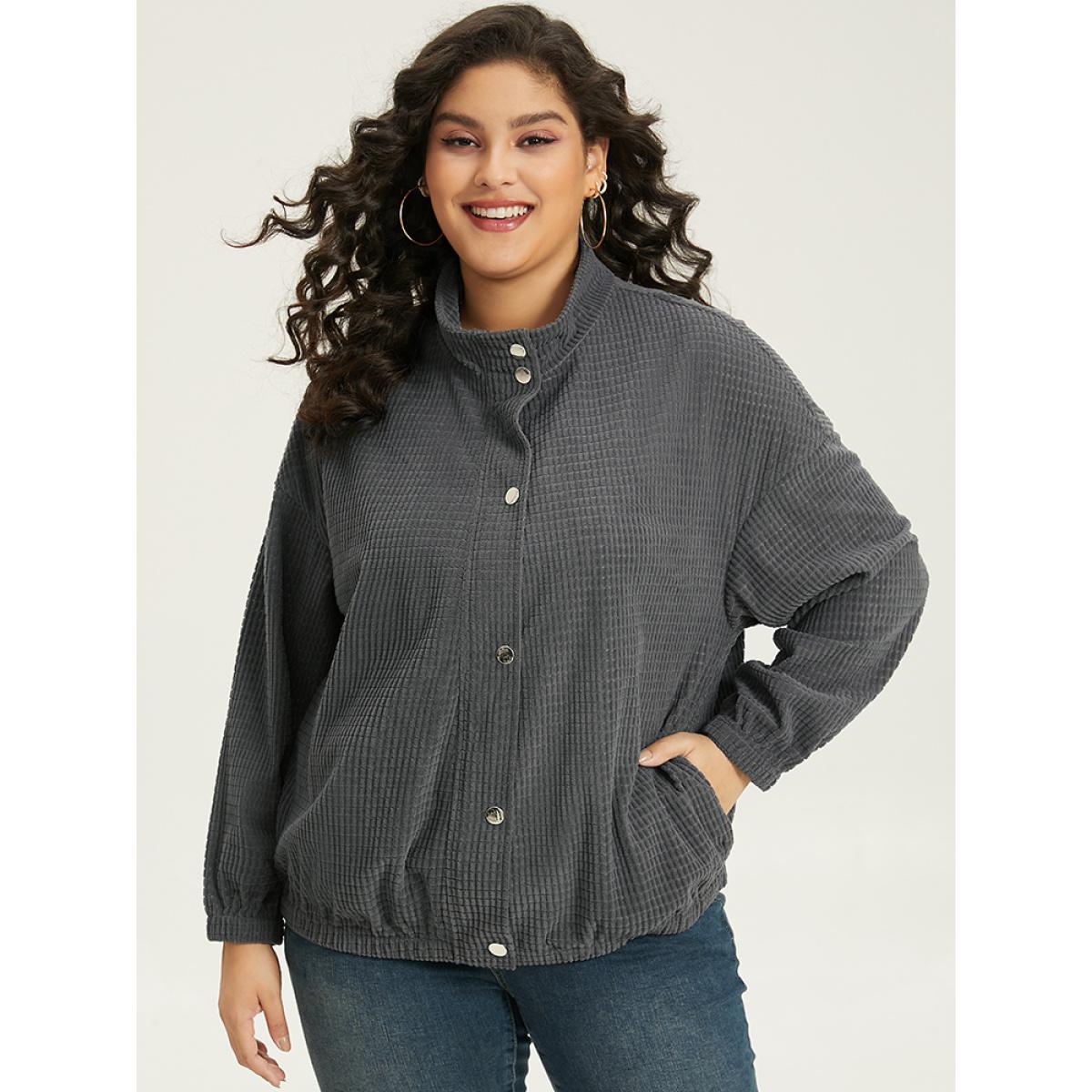 Plus Size Solid Texture Button Through Pocket Shacket Women Gray Elastic cuffs Pocket Everyday Jackets BloomChic 26/4X Product Image