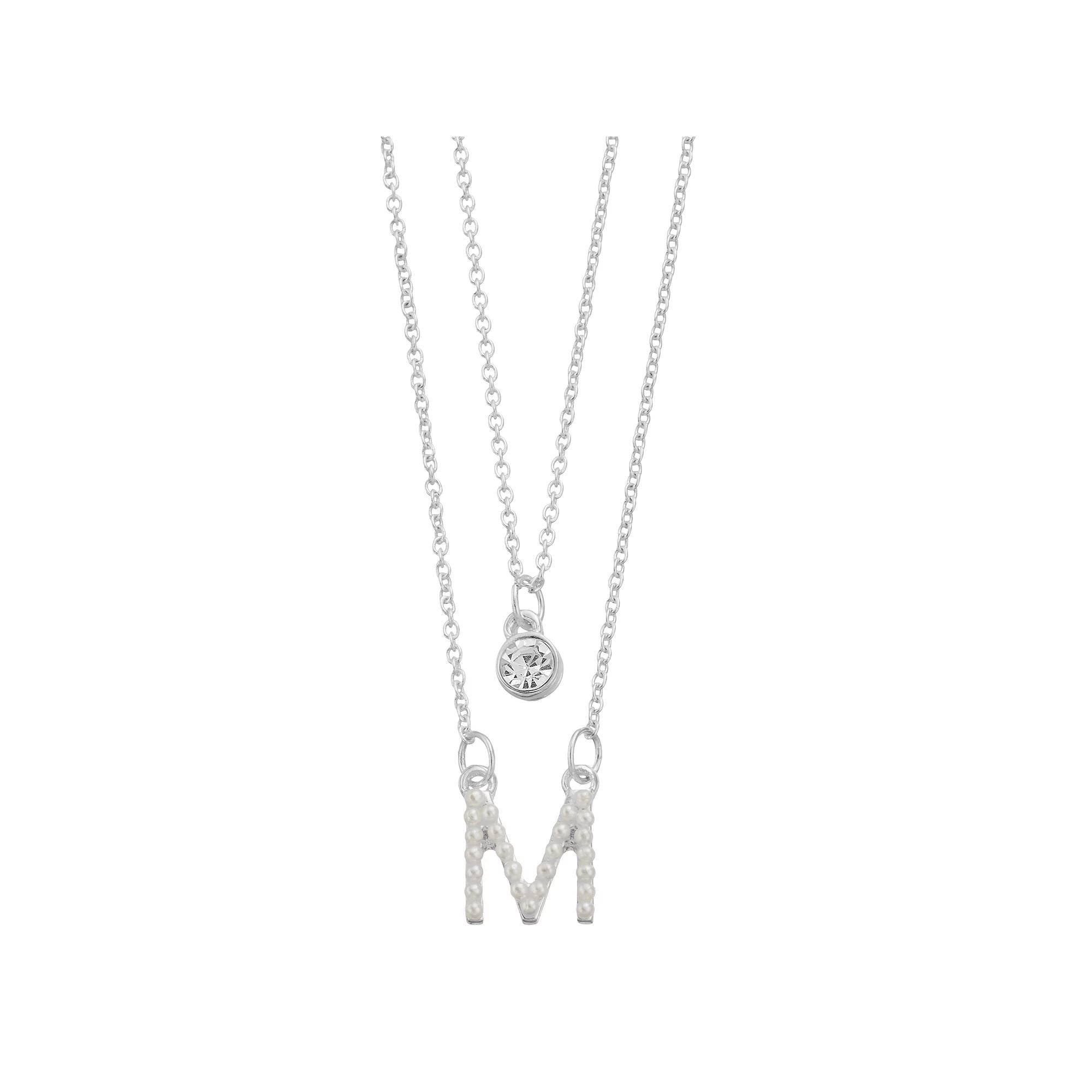 City Luxe Fine Silver Plated Cubic Zirconia & Simulated Pearl Initial Duo Necklace Set, Women's, Silver Tone J Product Image