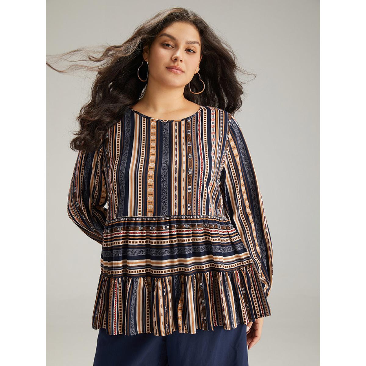 Plus Size Indigo Bandana Stried Crew Neck Gathered Blouse Women Vacation Long Sleeve Round Neck Dailywear Blouses BloomChic 22-24/3X Product Image