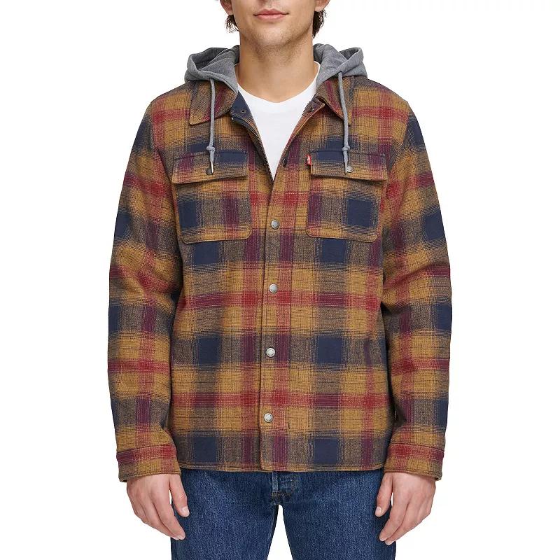 Men's Levi's® Plaid Fleece Hooded Shirt Jacket, Size: XXL, Red Gold Plaid Product Image