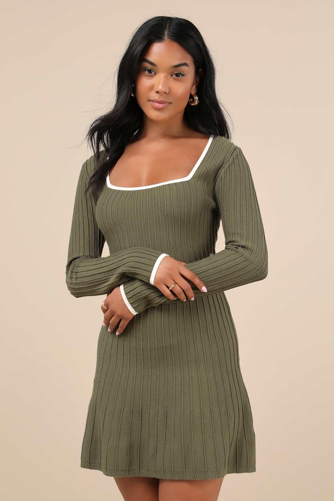Cute Simplicity Olive Green Textured Mini Sweater Dress Product Image