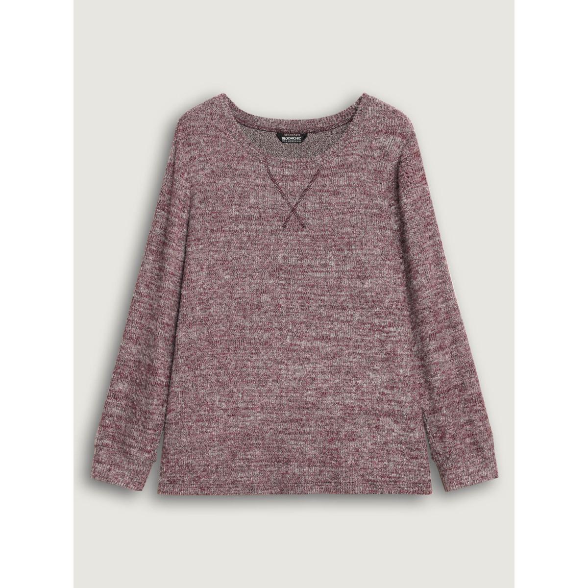 Plus Size Solid Heather Round Neck Stitch Sweatshirt Women Deepred Leisure Topstitching Round Neck Casual Sweatshirts BloomChic 28/5X Product Image