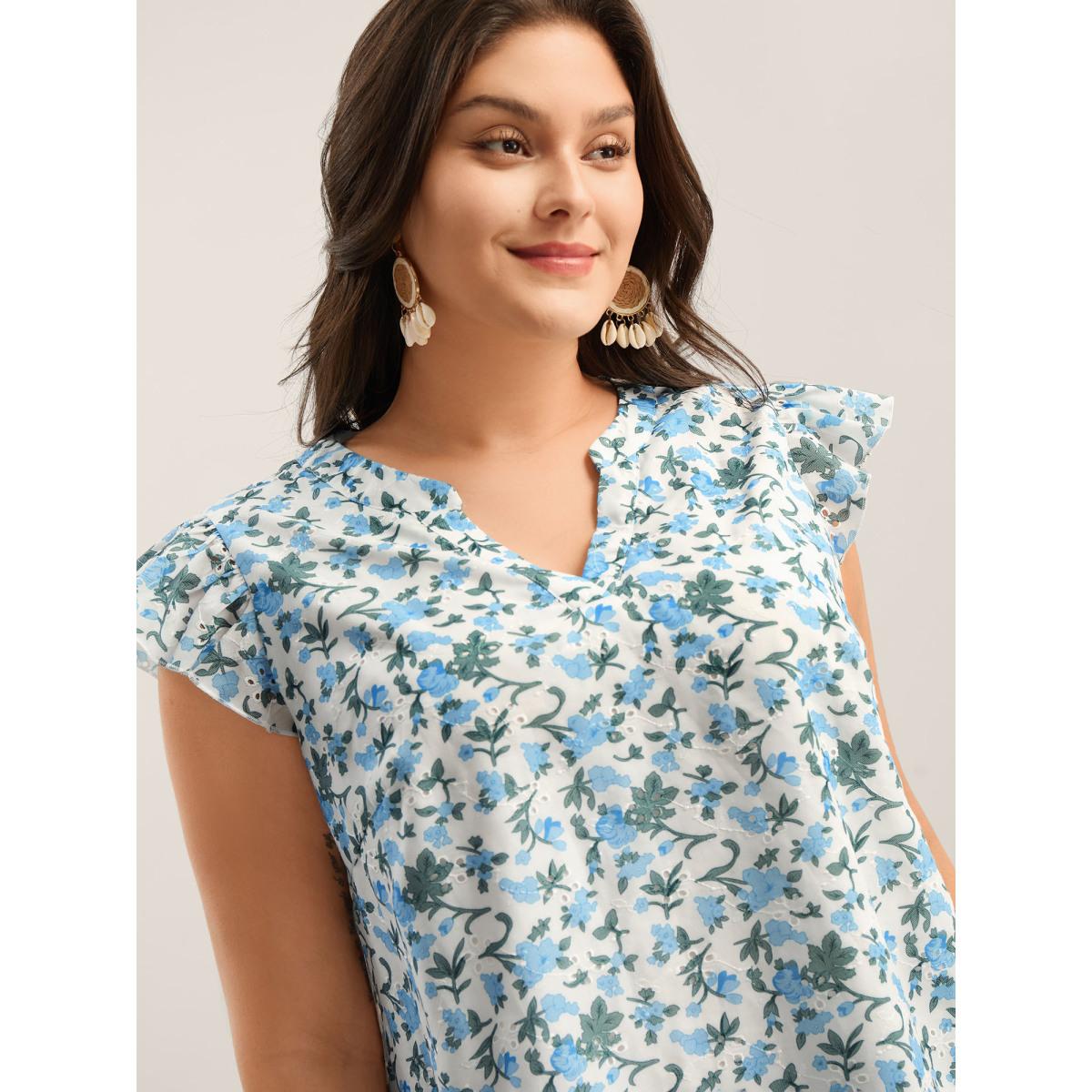 Plus Size LightBlue Embroidered Floral Split Neck Tank Top Women Short sleeve Flat collar with V-notch Vacation Blouses BloomChic 30/6X Product Image