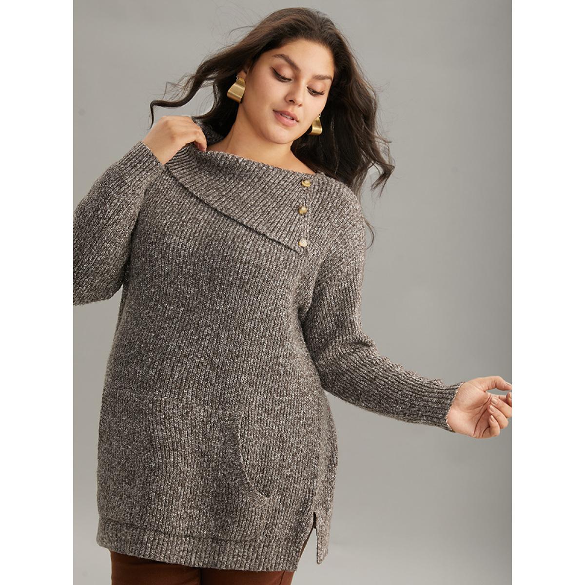 Plus Size Heather Split Hem Asymmetrical Button Detail Pullover DarkBrown Women Casual Loose Long Sleeve Asymmetrical Neck Dailywear Pullovers BloomChic 30/6X Product Image