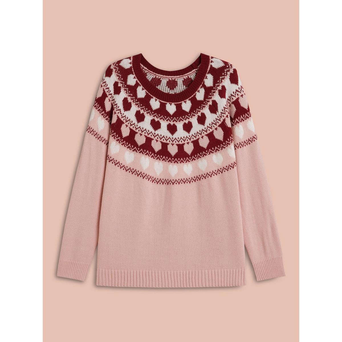 Plus Size Round Neck Heart Jacquard Ribbed Pullover Nudepink Women Leisure Loose Long Sleeve Round Neck Casual Pullovers BloomChic 30/6X Product Image