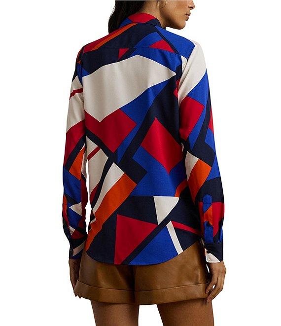 Lauren Ralph Lauren Petite Size Crepe de Chine Abstract Print Point Collar Long Sleeve Button-Front Shirt Product Image