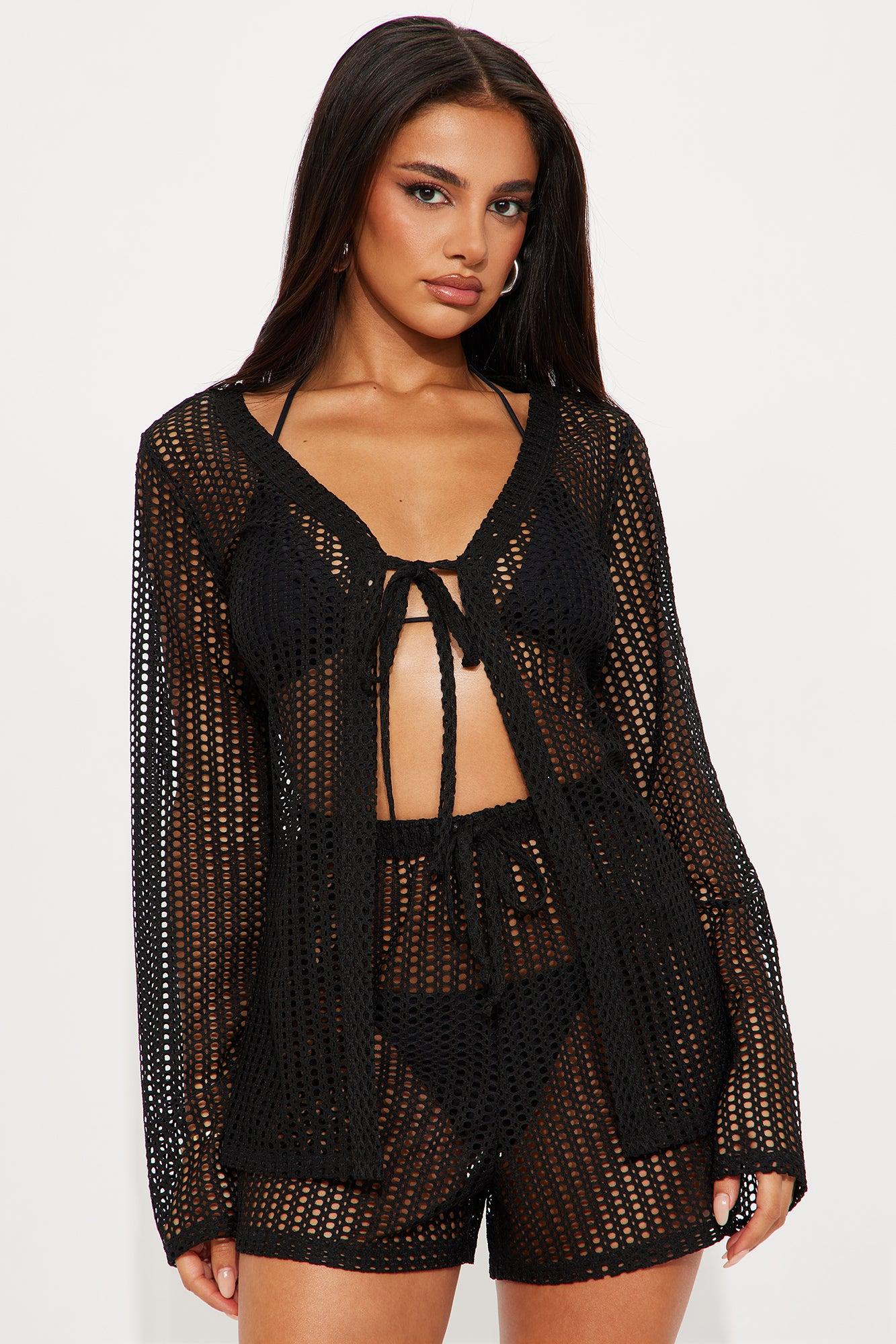 Island Breeze Crochet Fishnet Cover Up Shorts Set - Black Product Image
