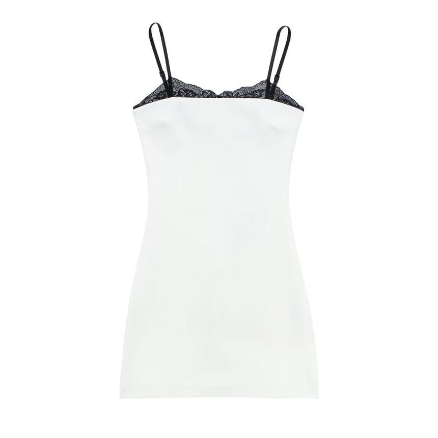 Spaghetti Strap Lace Trim Mini Bodycon Dress Product Image