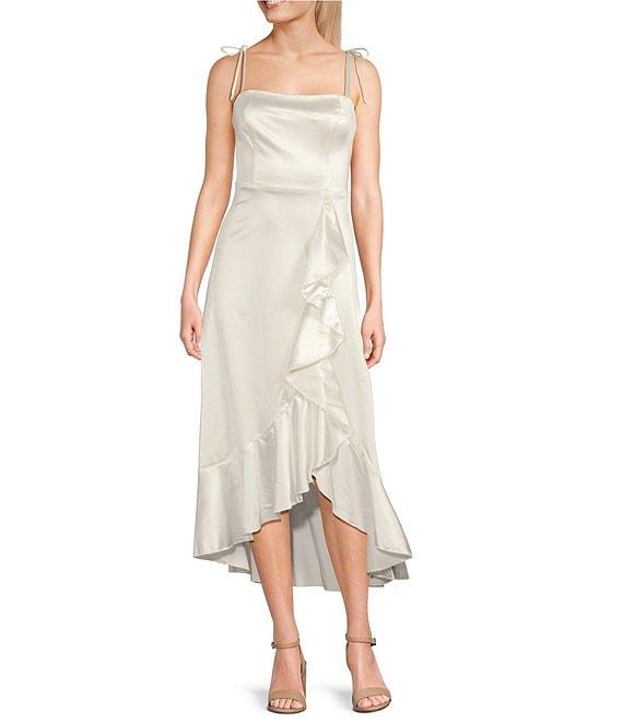 Honey and Rosie Sateen Square Neck Spaghetti Tie Strap Ruffle Midi Dress Product Image