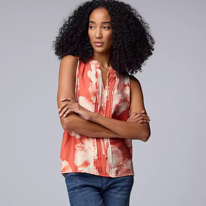 Women's Simply Vera Vera Wang Tie-Front Pintuck Sleeveless Shell Top, Size: XXL, Orange Floral Product Image