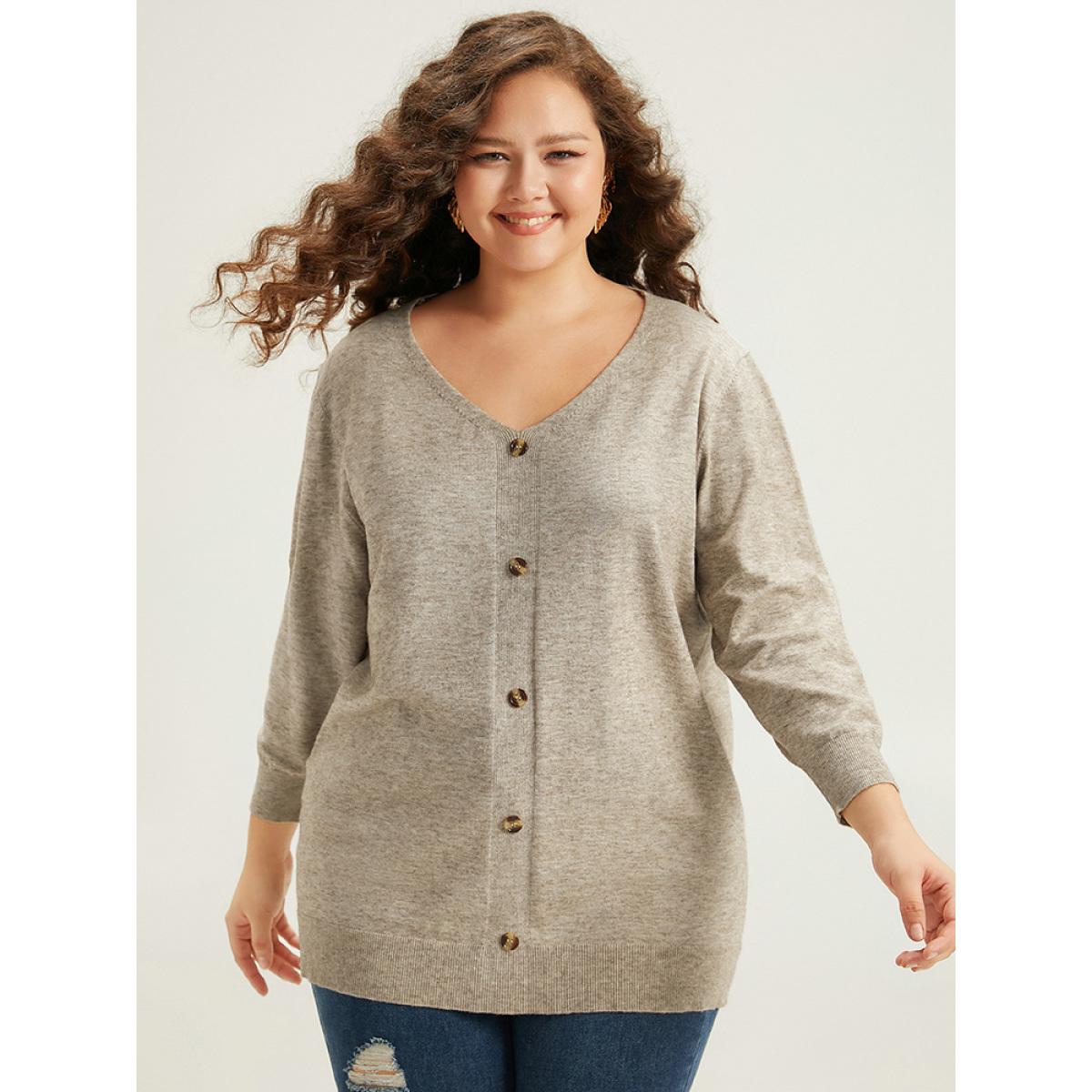 Plus Size Supersoft Essentials Button Detail Solid V Neck Cardigan Champagne Women Casual Elbow-length sleeve Dailywear Cardigans BloomChic 10/M Product Image