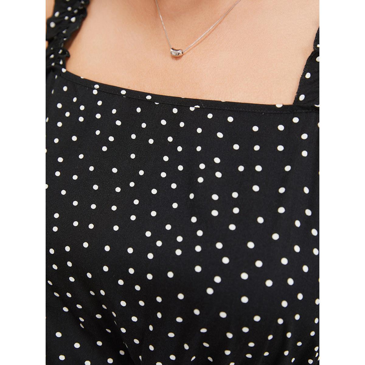 Plus Size Polka Dot Square Neck Ruffle Asymmetrical Hem Cami Dress Black Women Elegant Gathered Spaghetti Strap Sleeveless Curvy Midi Dress BloomChic 14-16/1X Product Image