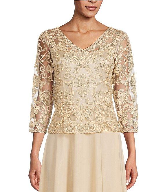 Soulmates V-Neck 3/4 Sleeve Soutache Lace Bodice A-Line Gown Product Image