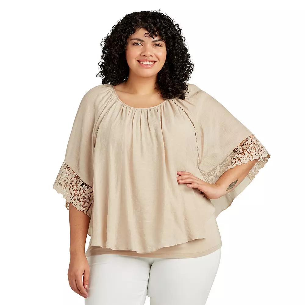 Plus Size AB Studio Popover Lace Trim Top, Womens Brown Product Image