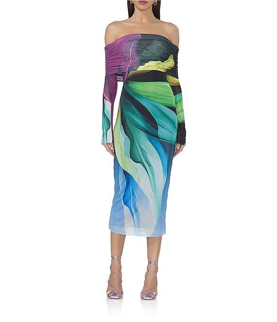 AFRM Cornelia Printed Off the Shoulder Long Sleeve Mesh Midi Dress Product Image