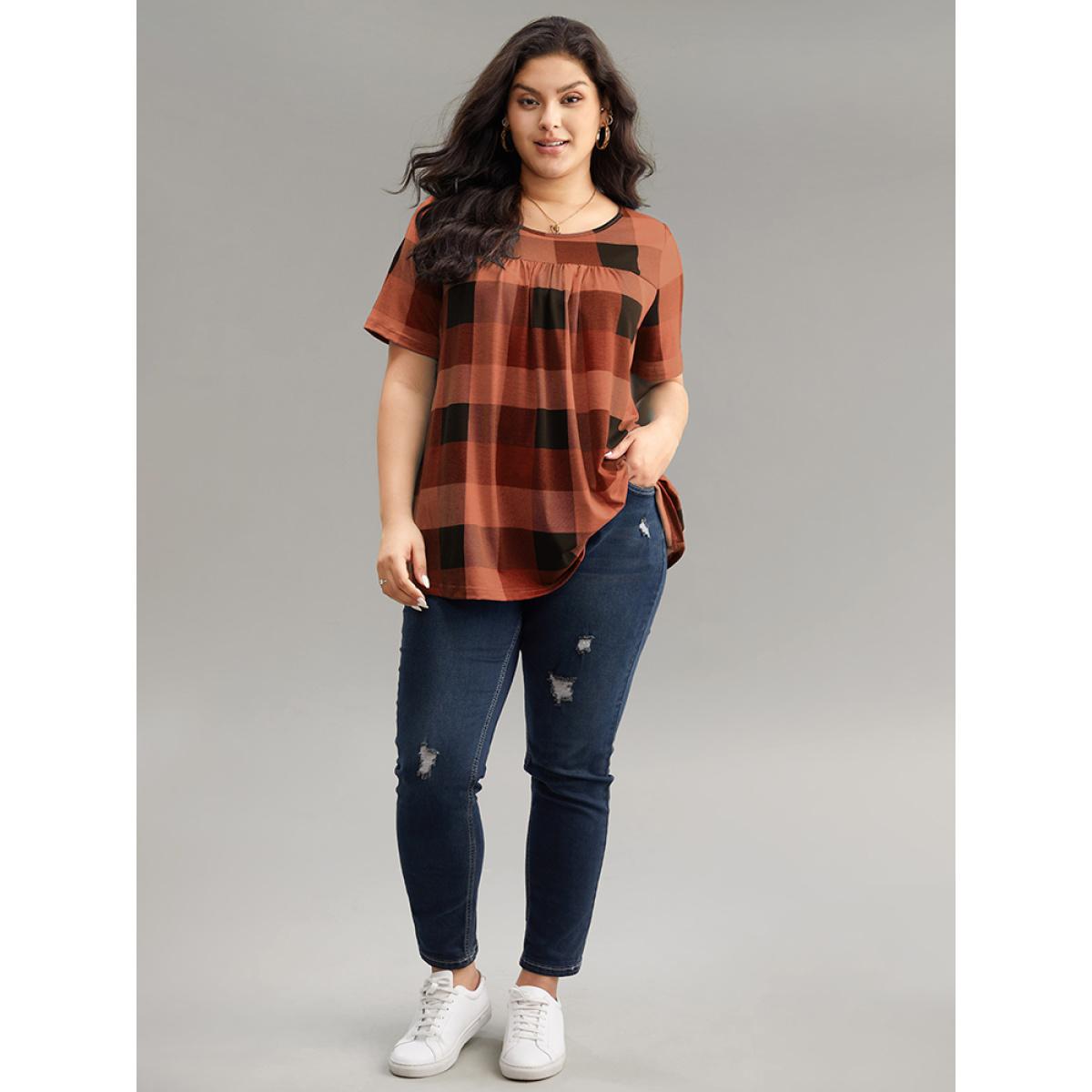 Plus Size Plaid Round Neck Gathered T-shirt Red Women Casual Gathered Plaid Round Neck Everyday T-shirts BloomChic 30/6X Product Image