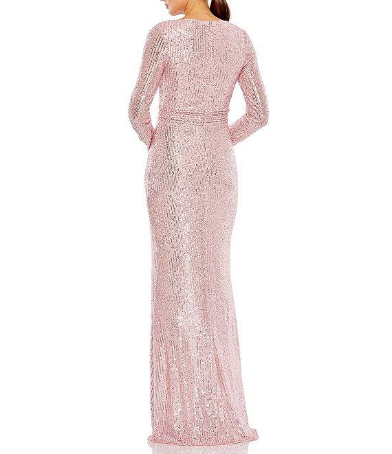 Ieena for Mac Duggal Long Sleeve Deep Surplice V-Neck Sequin Thigh High Slit Gown Product Image