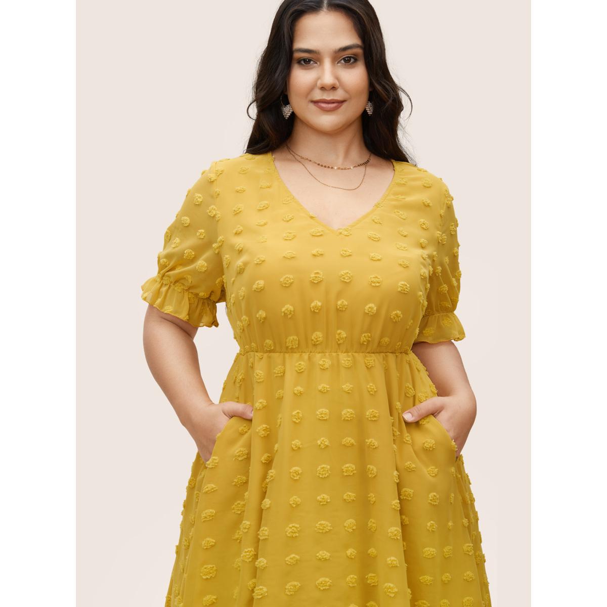 Plus Size Chiffon Plisse V Neck Elastic Waist Dress Gold Women Elegant Texture V-neck Short sleeve Curvy BloomChic 22-24/3X Product Image