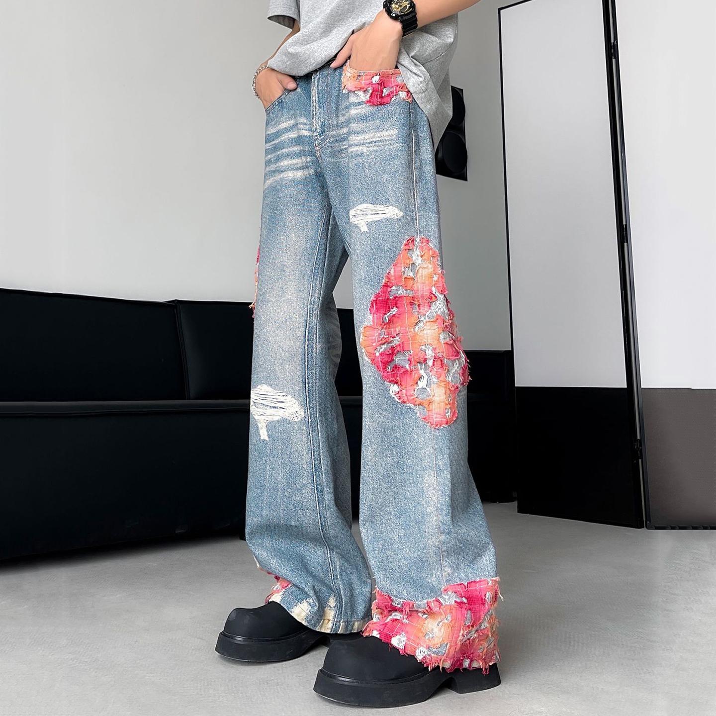 Sopula Men's Retro Washed Distressed Hole Patched Loose Straight Jeans Product Image