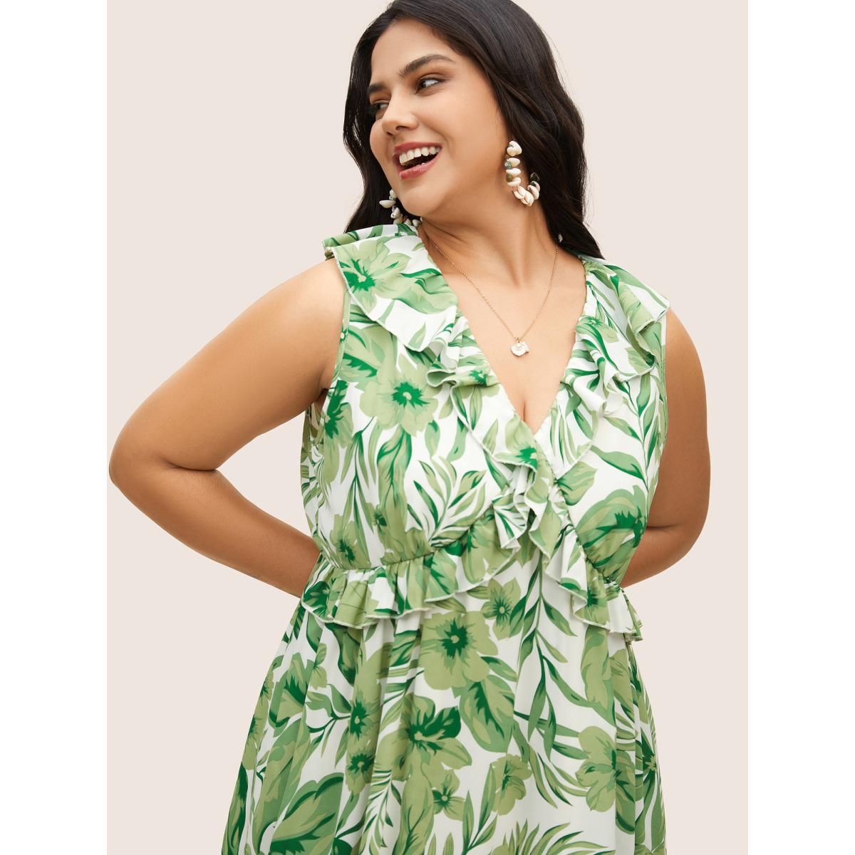 Plus Size Tropical Leafy Print Wide Collar Ruffles Dress Green Women Resort Ruffles V-neck Sleeveless Curvy BloomChic 12/L Product Image