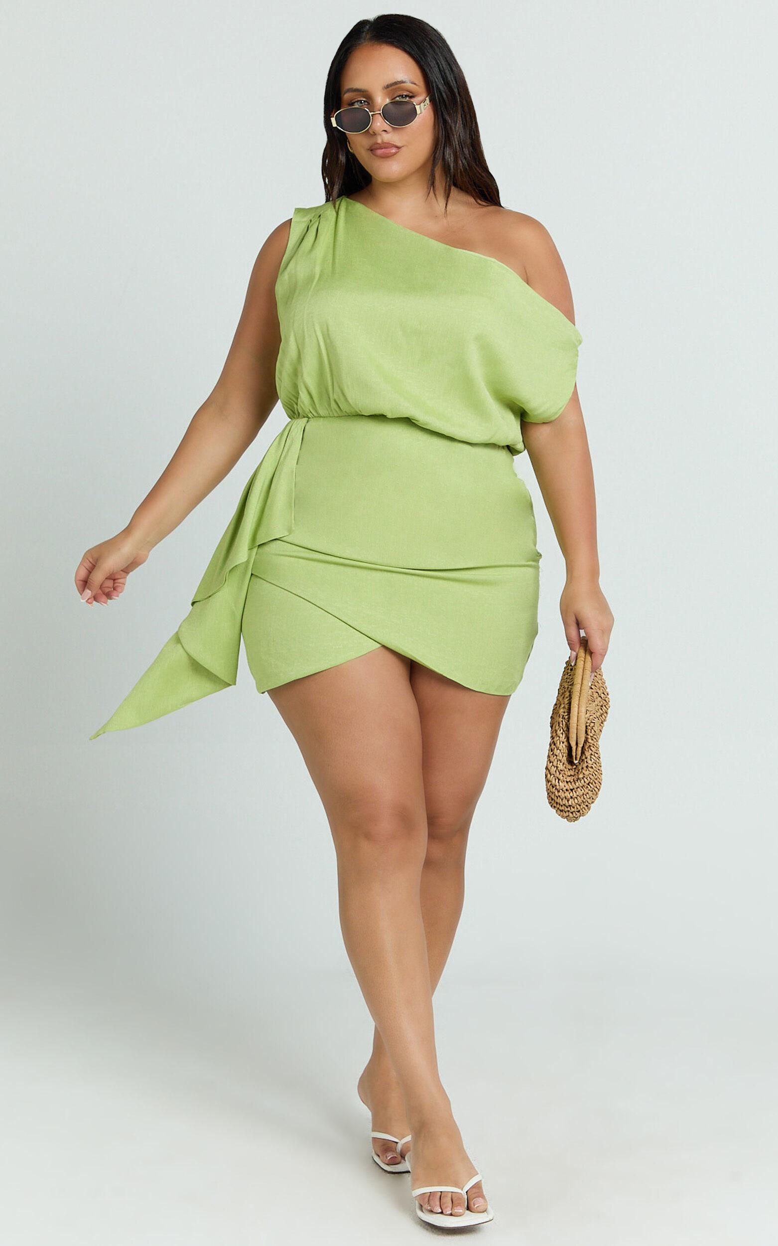 Niana Mini Dress - Drape One Shoulder Dress in Green Product Image