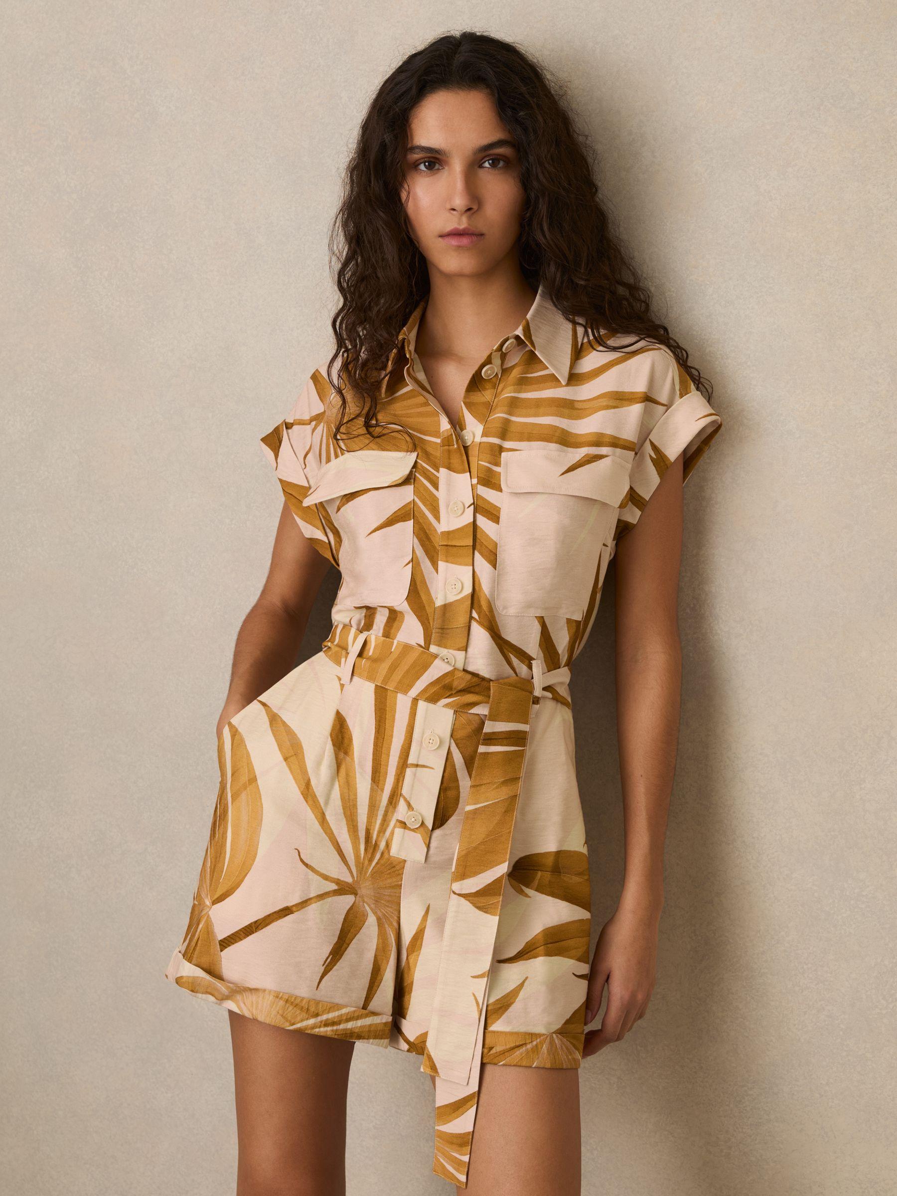 Palm Print Belted Playsuit in Neutral Product Image
