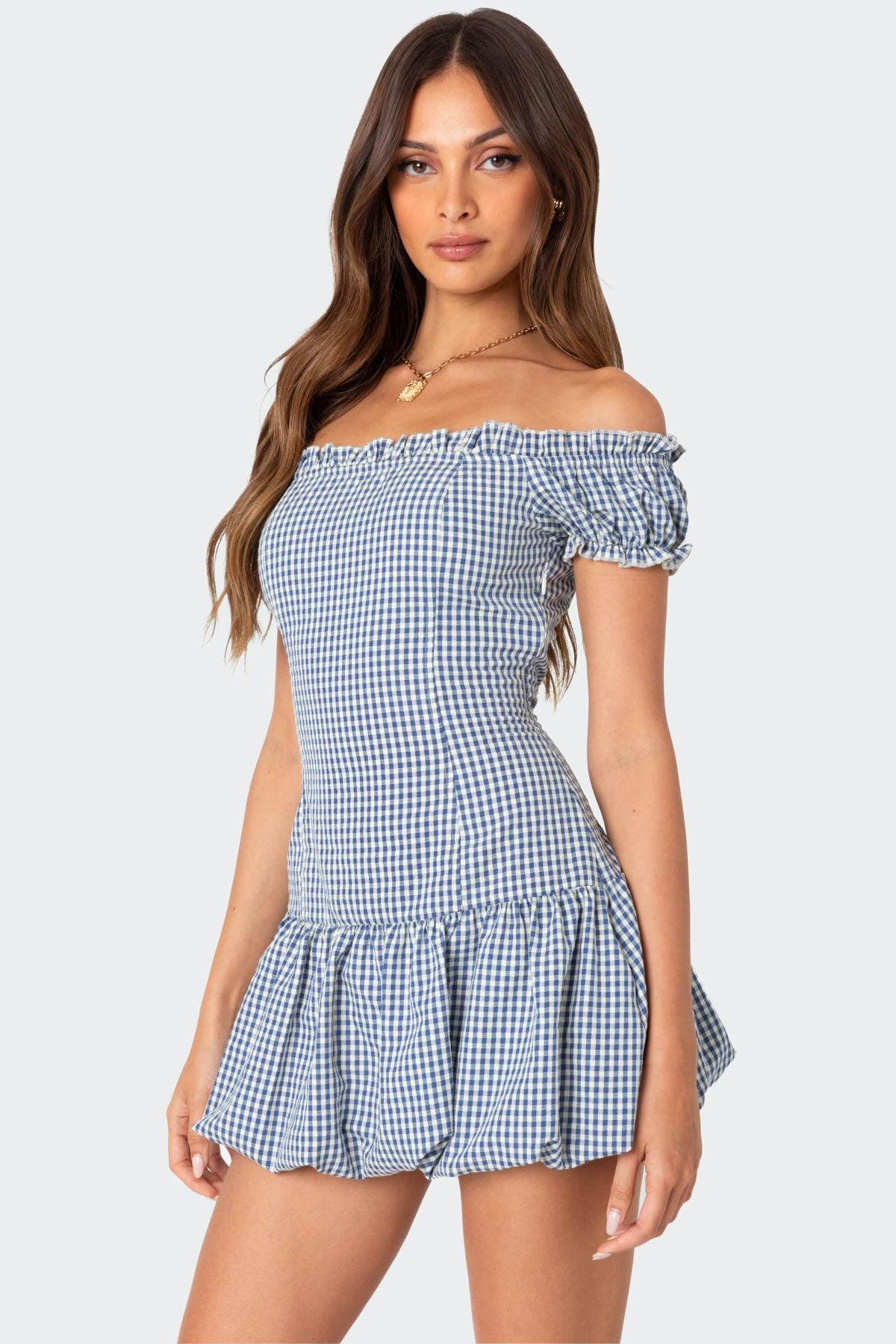 Gingham Off Shoulder Bubble Mini Dress Product Image