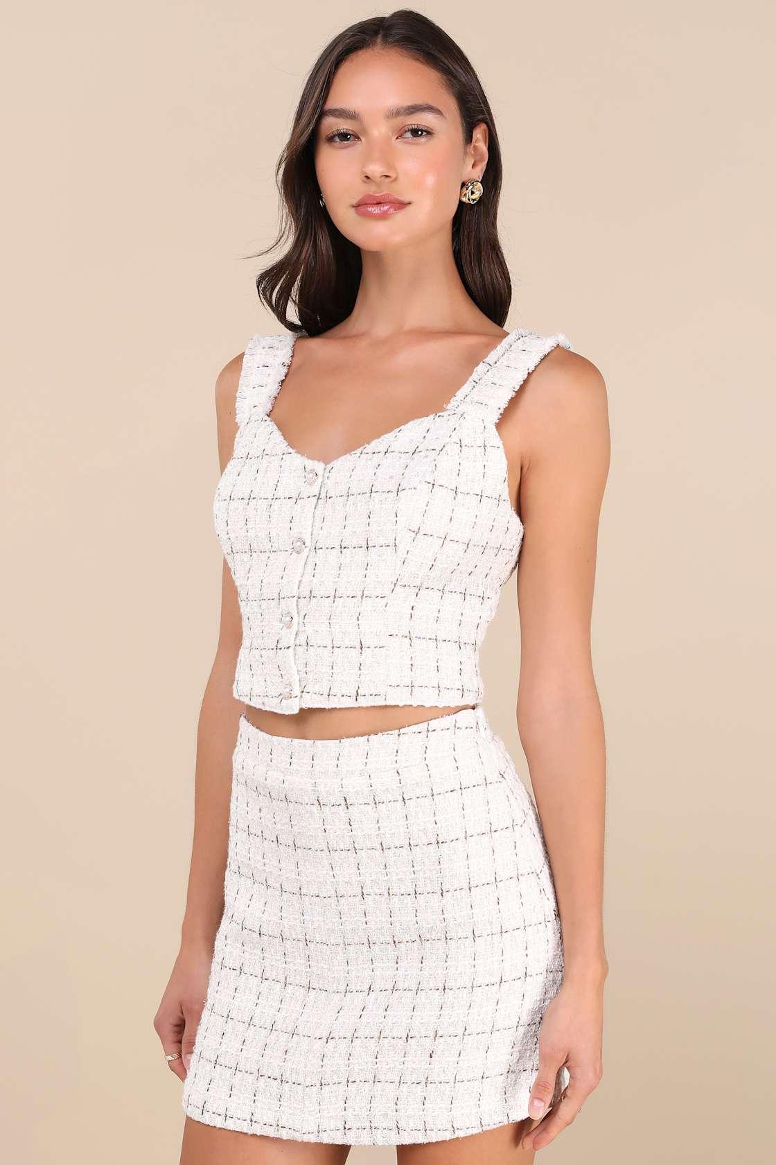 Upscale Instinct Ivory and Brown Tweed Mini Skirt Product Image