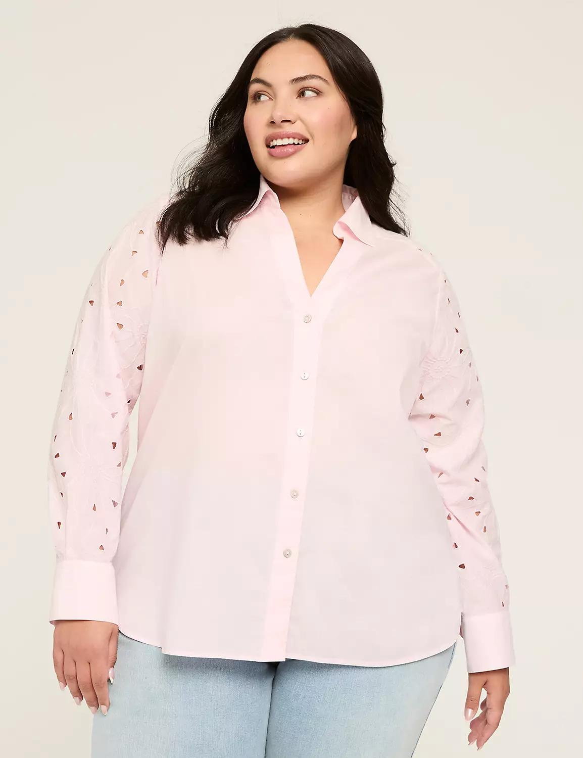 Relaxed Eyelet-Sleeve Button-Down Top Product Image