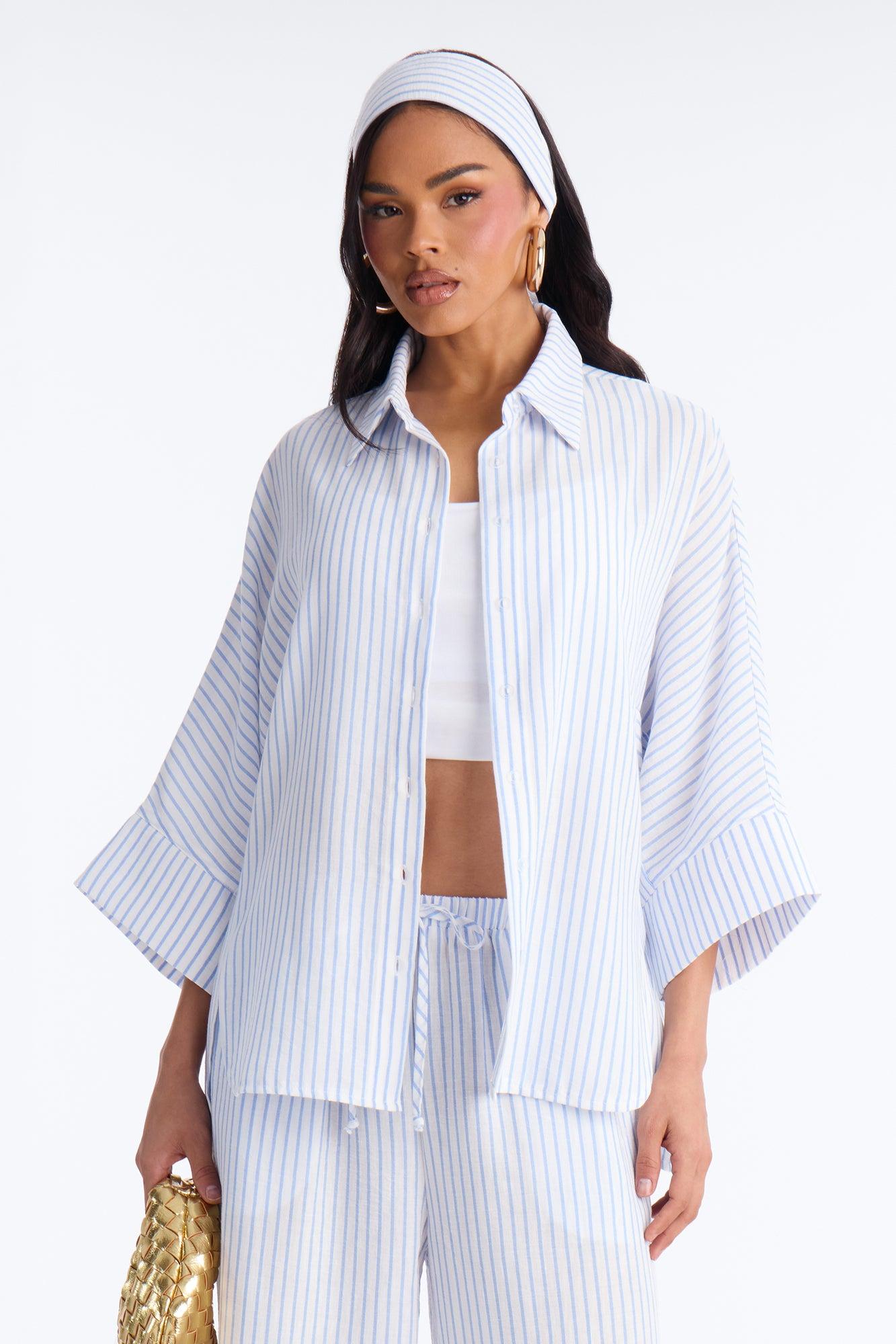 Mara Linen 3 Piece Pinstripe Pant Set - Blue/combo Female Product Image
