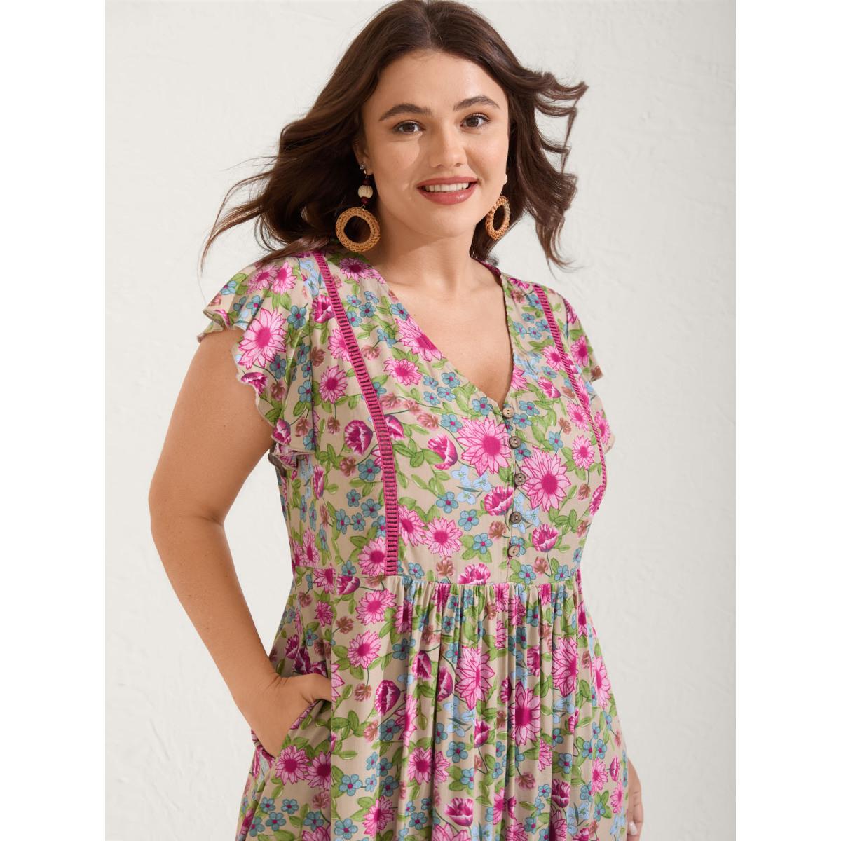 Plus Size Sweet Floral Lace Trim Tiered Maxi Dress Multicolor Women Boho V-neck Cap Sleeve Curvy BloomChic 10/M Product Image