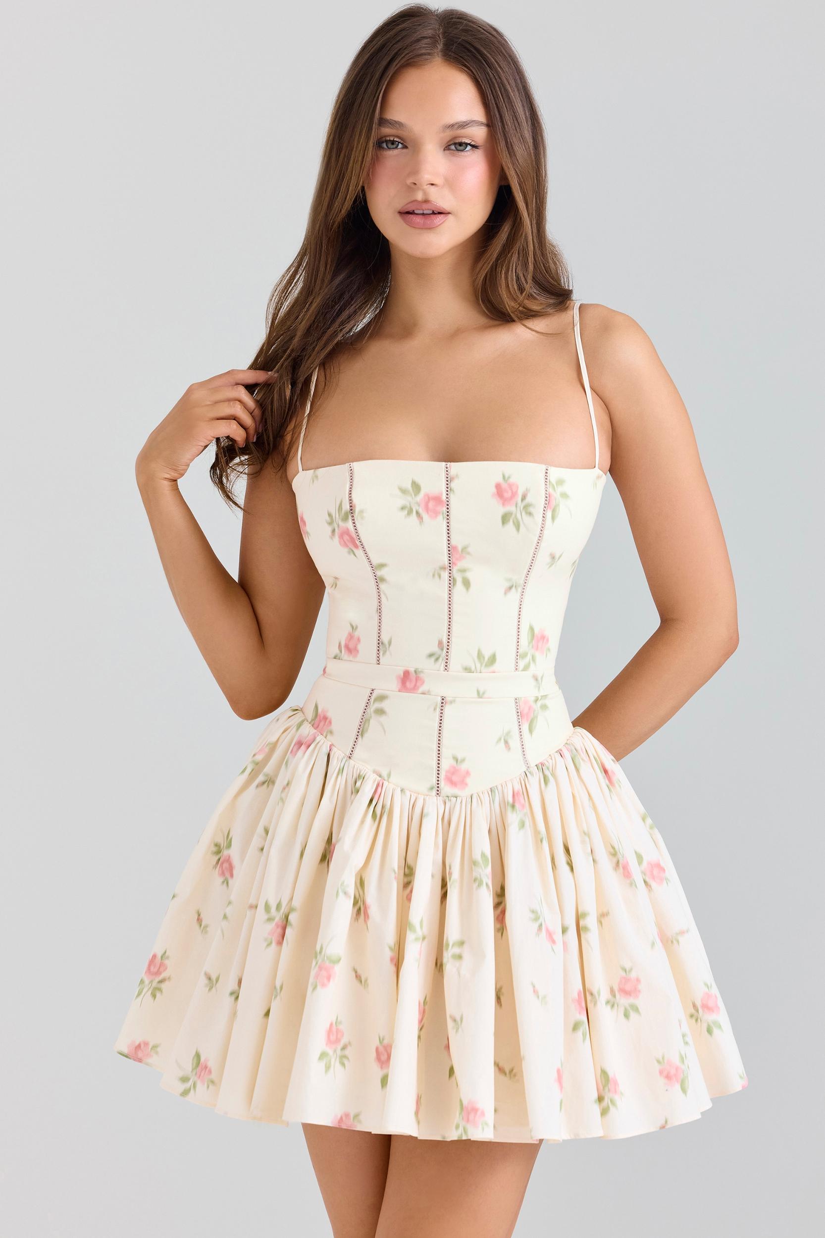 Carmel  pink stretch cotton floral print mini dress Product Image
