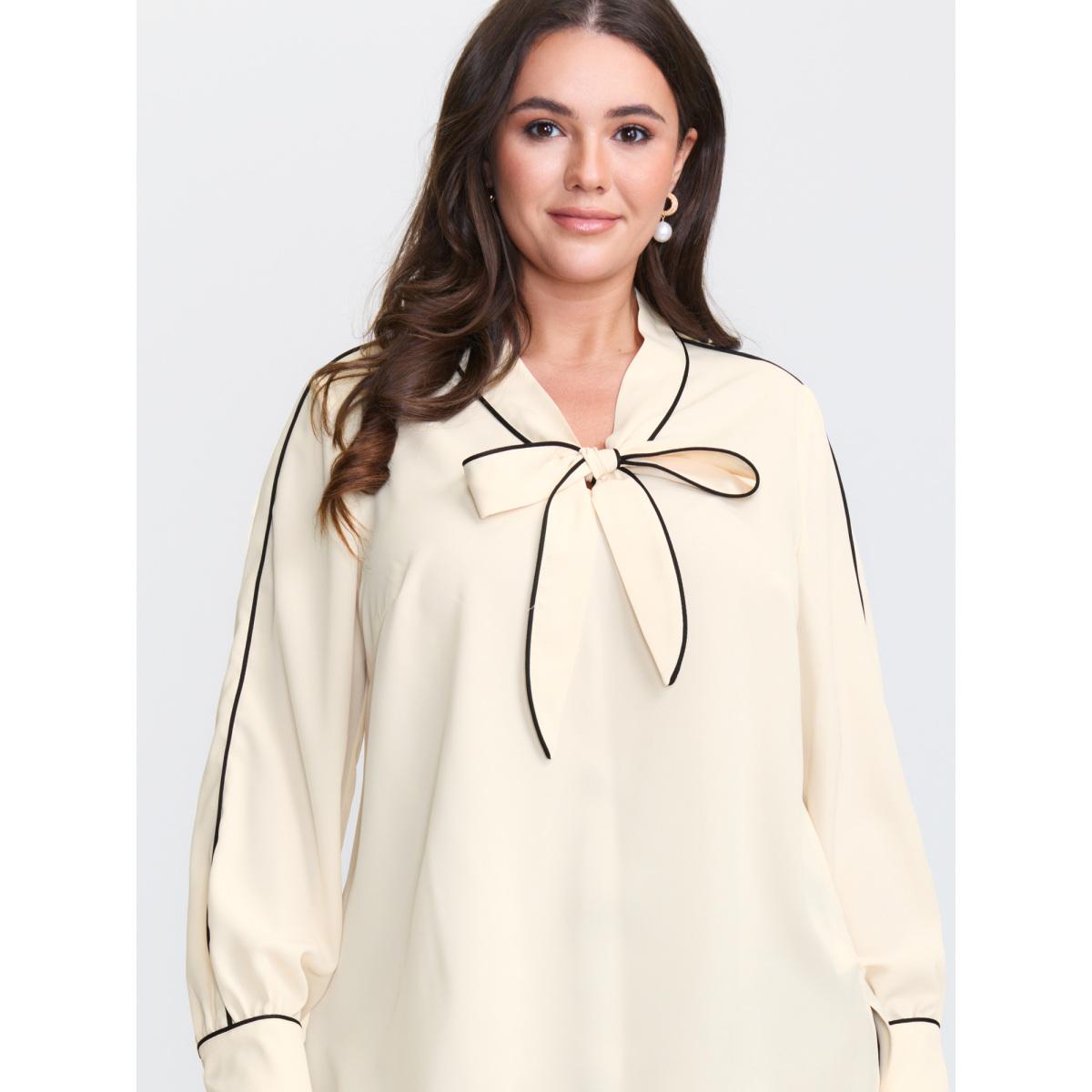 Plus Size Apricot Bowknot Neckline Color Contrast Blouse Women Timeless Long Sleeve Ribbon-tied collar Elegant Blouses BloomChic 10/M Product Image