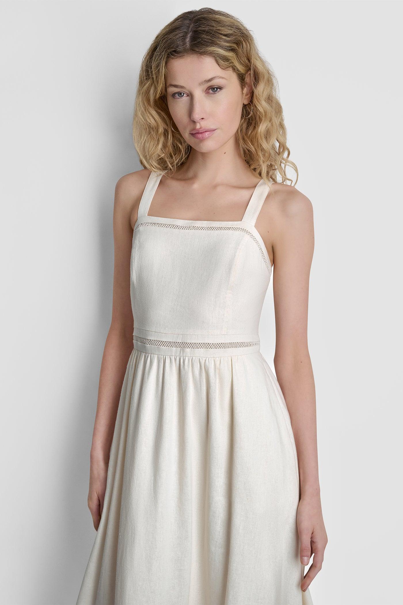 LINEN-BLEND LACE-TRIMMED MIDI DRESS Product Image
