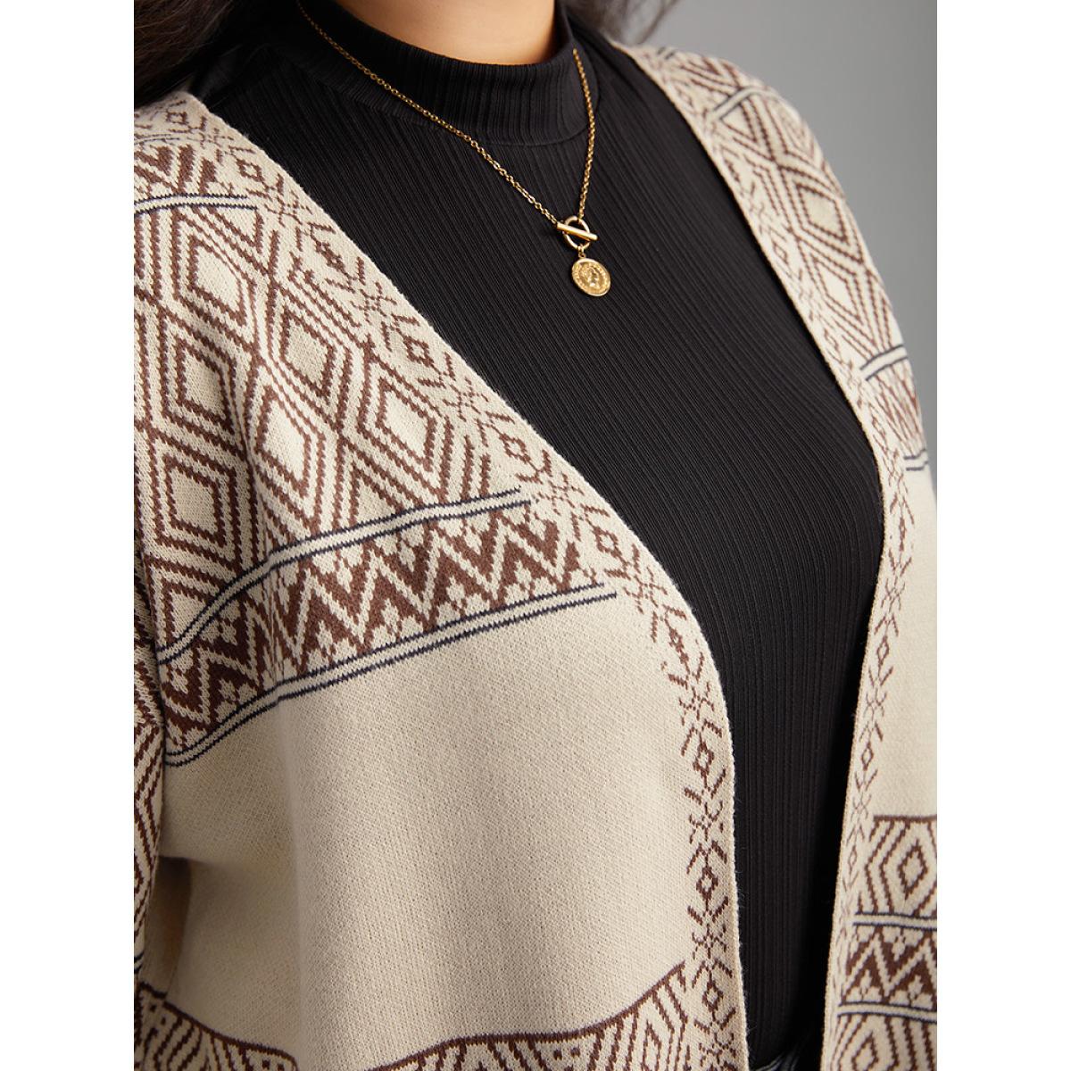 Plus Size Geometric Open Front Cardigan Champagne Women Casual Loose Long Sleeve Dailywear Cardigans BloomChic 28/5X Product Image