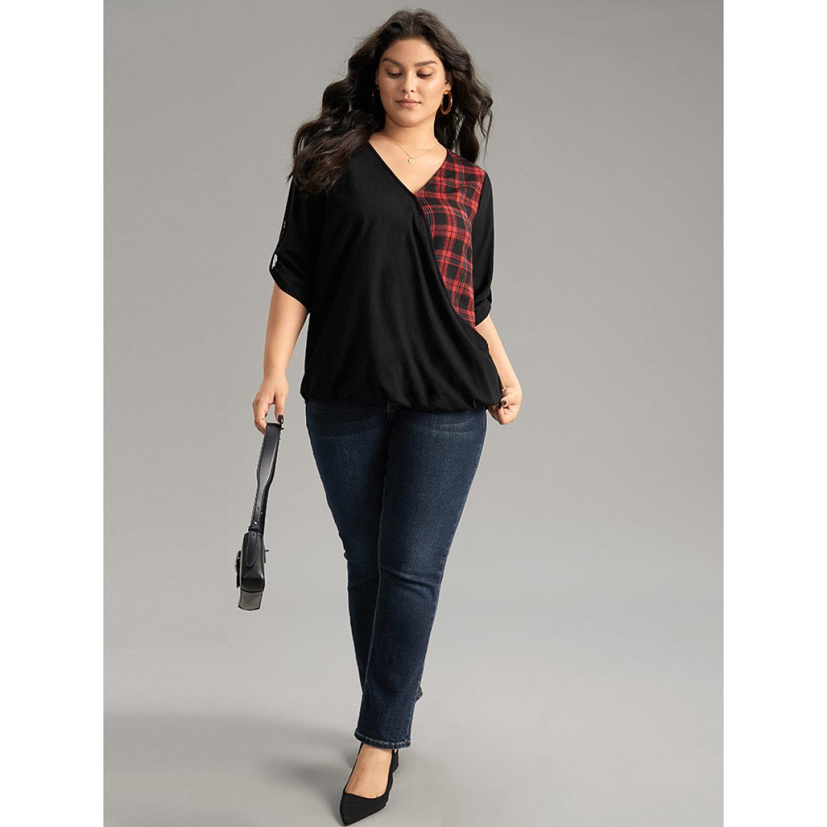 Plus Size Black Plaid Patchwork Wrap Tab Sleeve Blouse Women Casual Elbow-length sleeve V-neck Everyday Blouses BloomChic 12/L Product Image