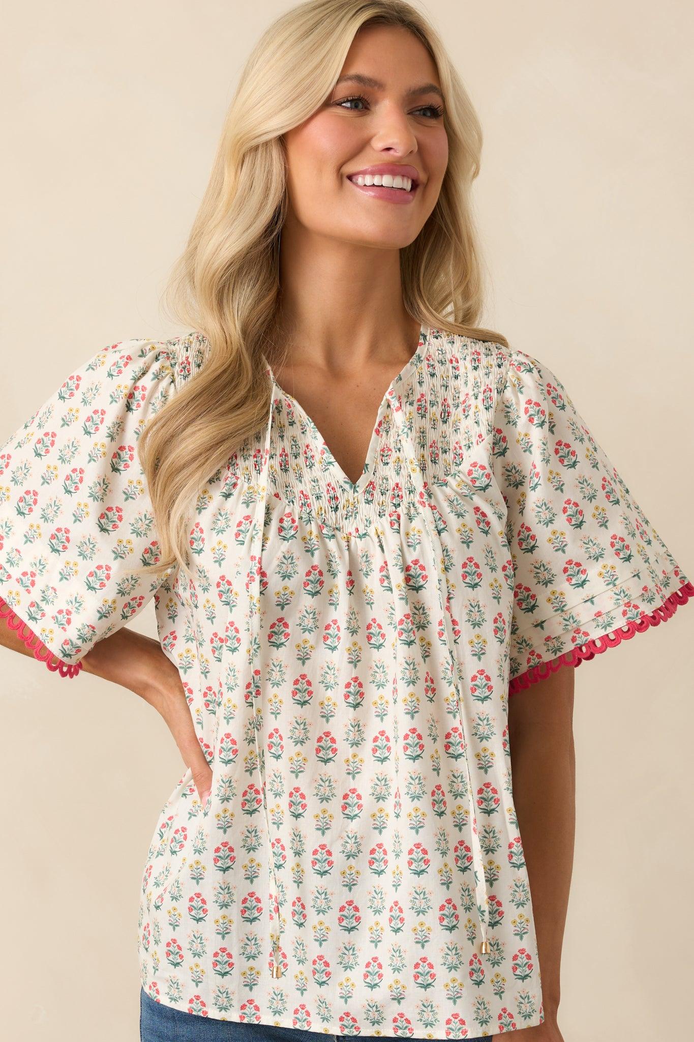 These Are The Good Times Red Floral Cotton Short Sleeve Top Product Image