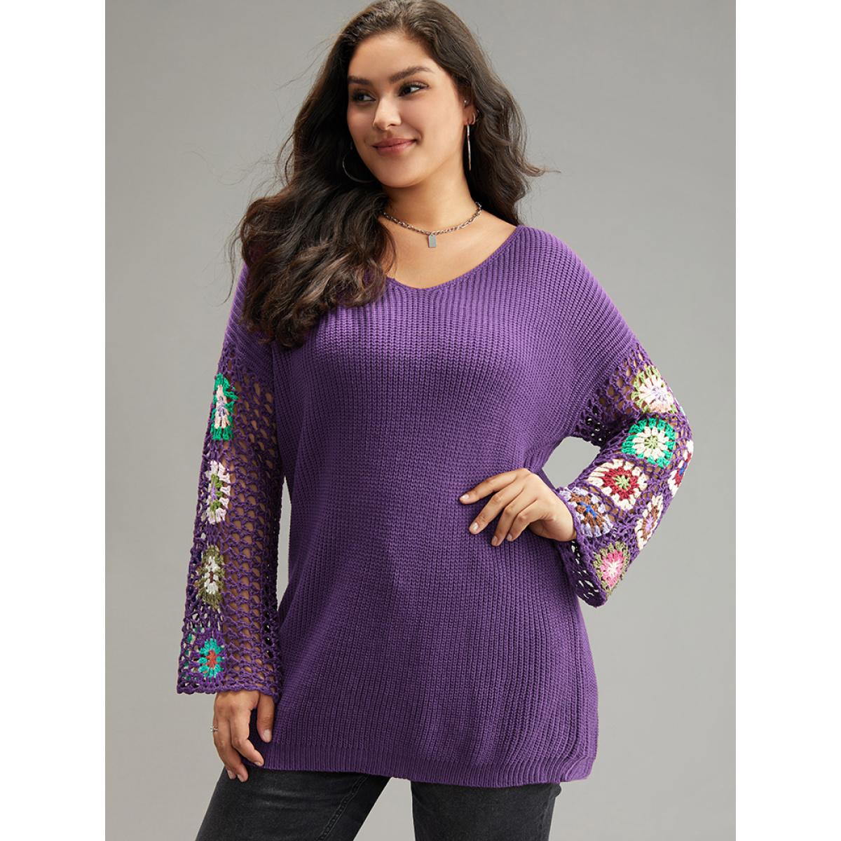 Plus Size Floral Embroidered Hollow Out Pullover Purple Women Leisure Long Sleeve V-neck Casual Pullovers BloomChic 22-24/3X Product Image