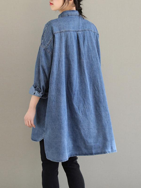 High-Low Long Sleeves Asymmetric Buttoned Pockets Split-Joint Lapel Blouses&Shirts Tops Product Image