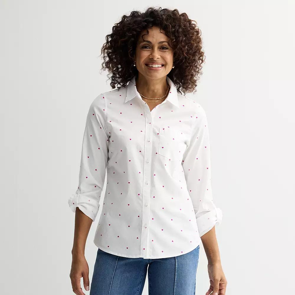 Women's Croft & Barrow® Essential One Pocket Button Down Shirt, Size: Large, Pink Heart Product Image