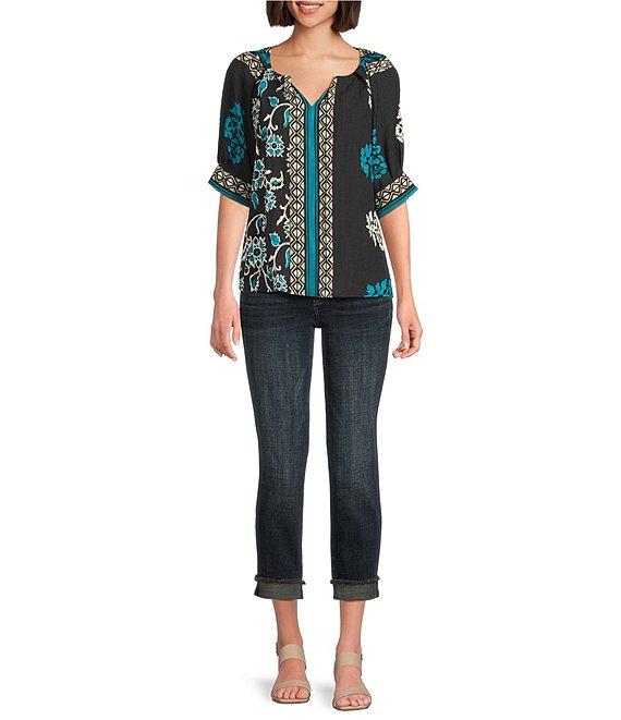 Tru Luxe Jeans Floral Border Print Split V-Neck Elbow Sleeve Top Product Image