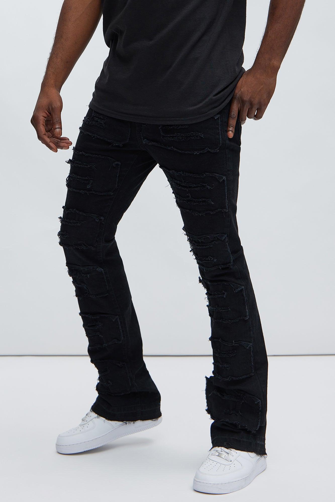Patch Ripped Stacked Skinny Flare Jeans - Black Product Image