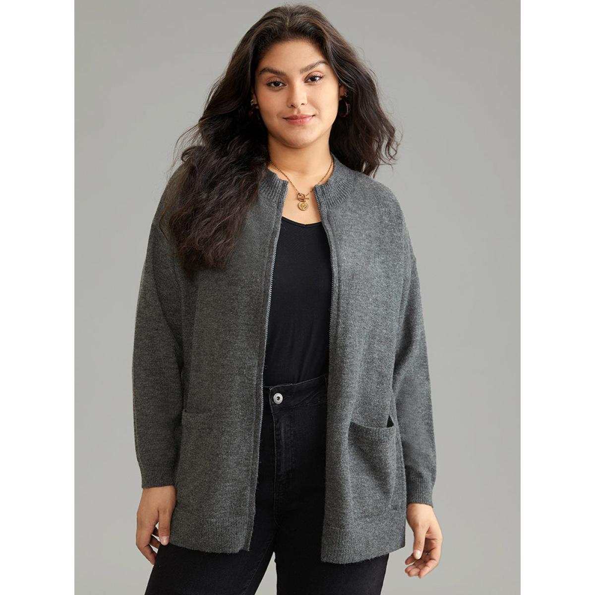 Plus Size Anti-Pilling Zipper Fly Patched Pocket Cardigan DimGray Women Casual Loose Long Sleeve Dailywear Cardigans BloomChic 14-16/1X Product Image