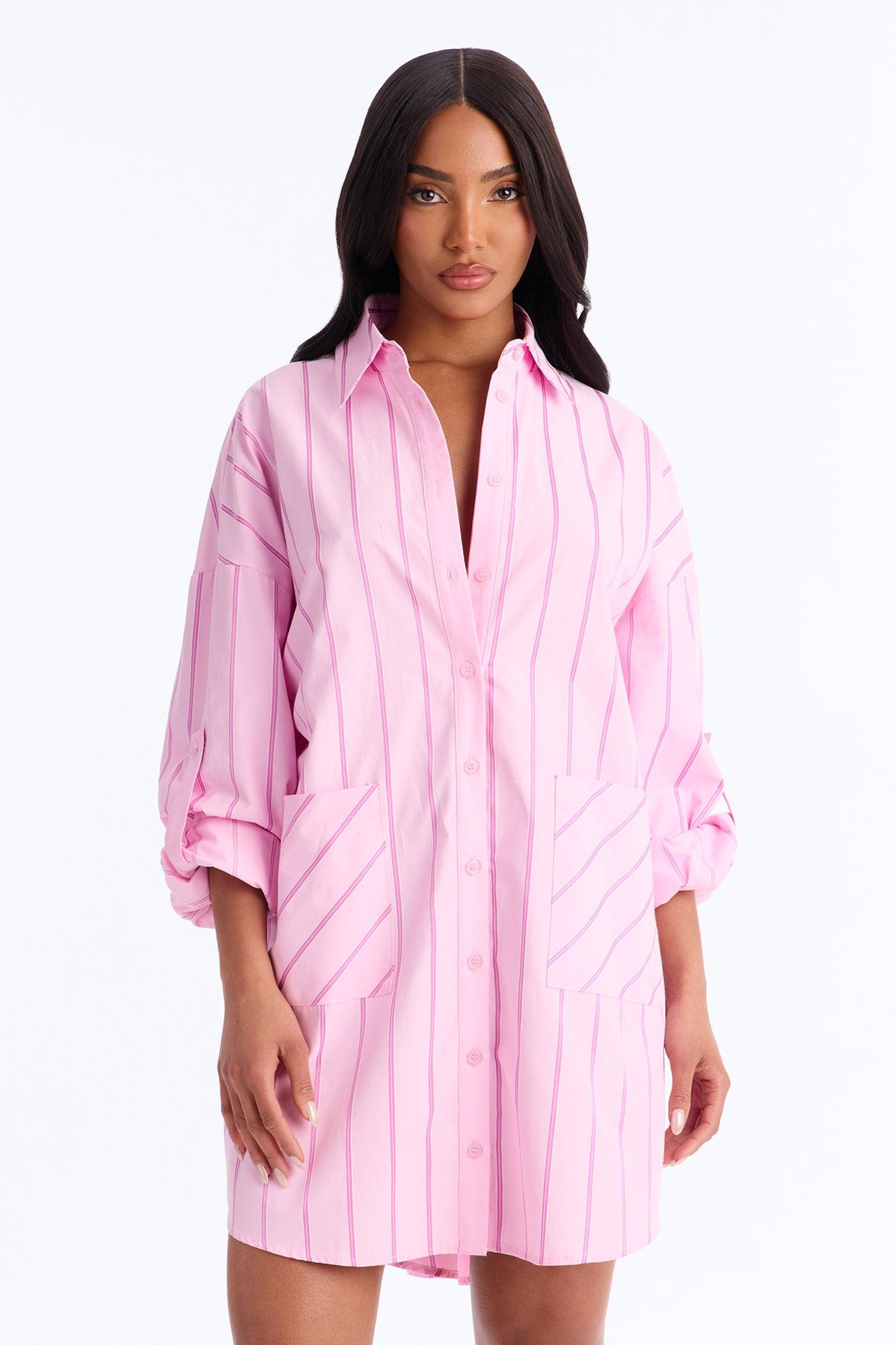 Izzy Pinstripe Shirt Micro Mini Dress - Pink Female Product Image