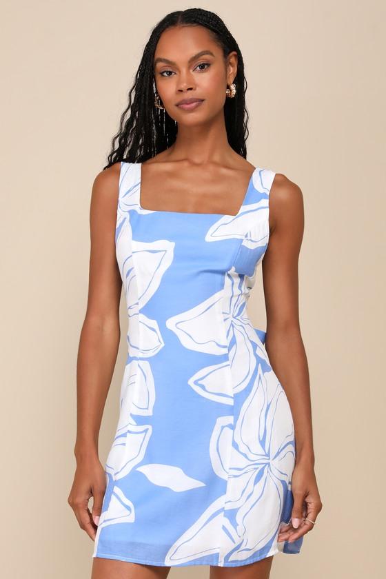 Deeply Sweet Blue and White Floral Tie-Back Shift Mini Dress Product Image