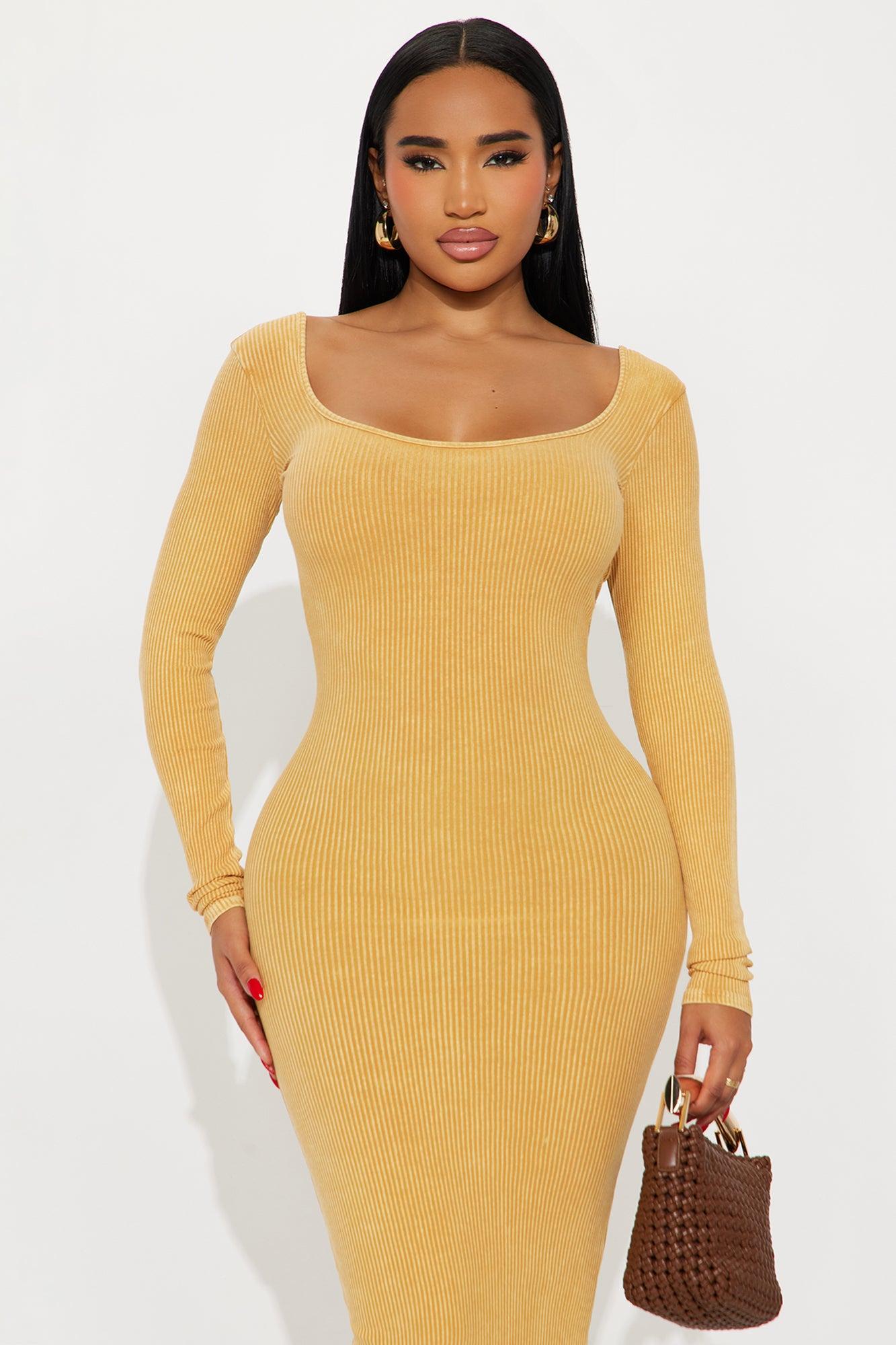 Off Duty Backless Long Sleeve Ribbed Maxi Dress - Mustard Female Product Image
